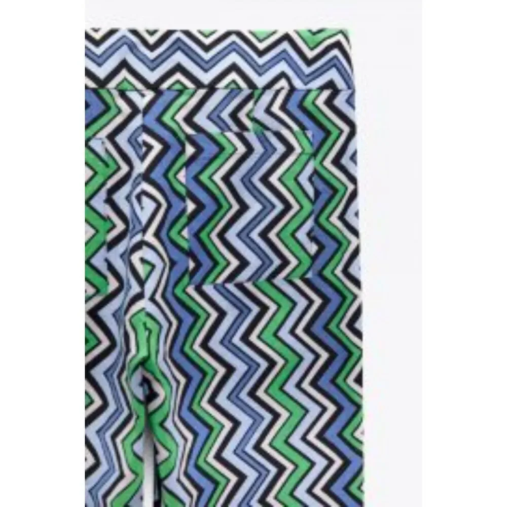 Zara Multicolor Chevron Printed Linen-Blend Cropped Straight Leg Pants (NWT)